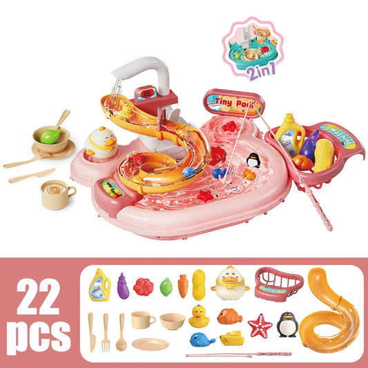 🍽️ Montessori 2-in-1 Dishwashing & Fishing Toy – Pretend Play 🎣